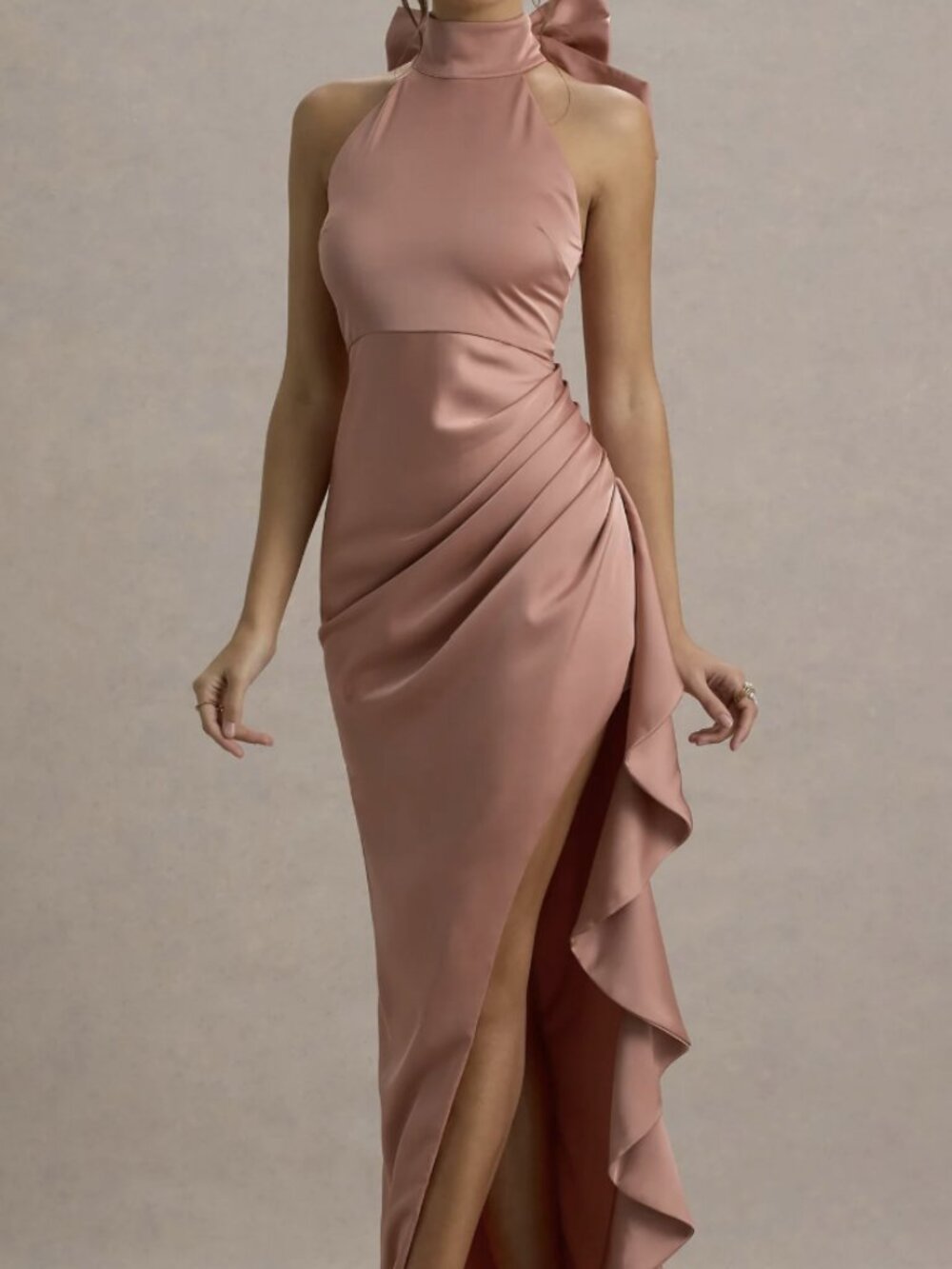 Club L London Maureen Pink Satin High Neck Draped Maxi Dress Size 12 NWT